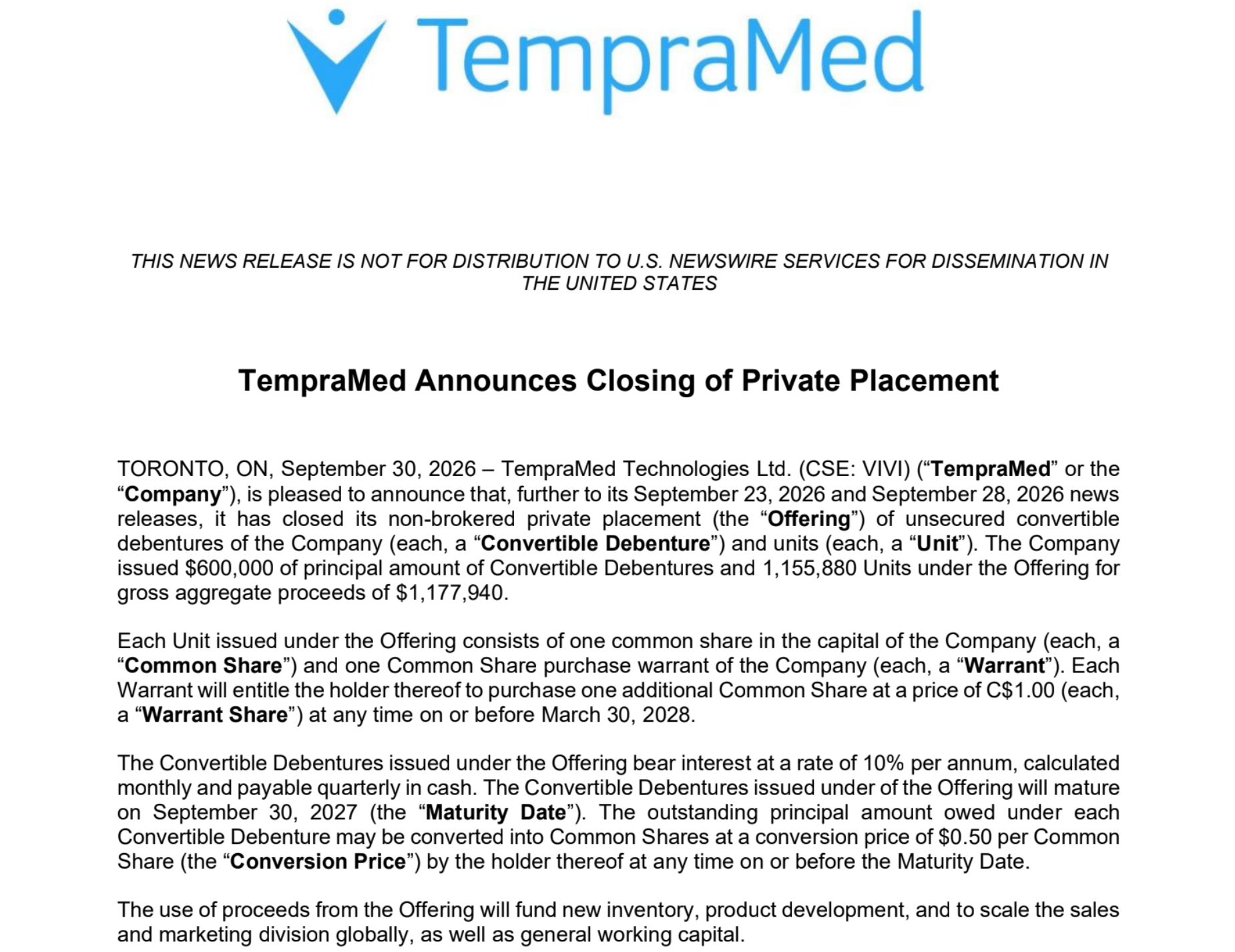 TempraMed Announces Closing of Private Placement