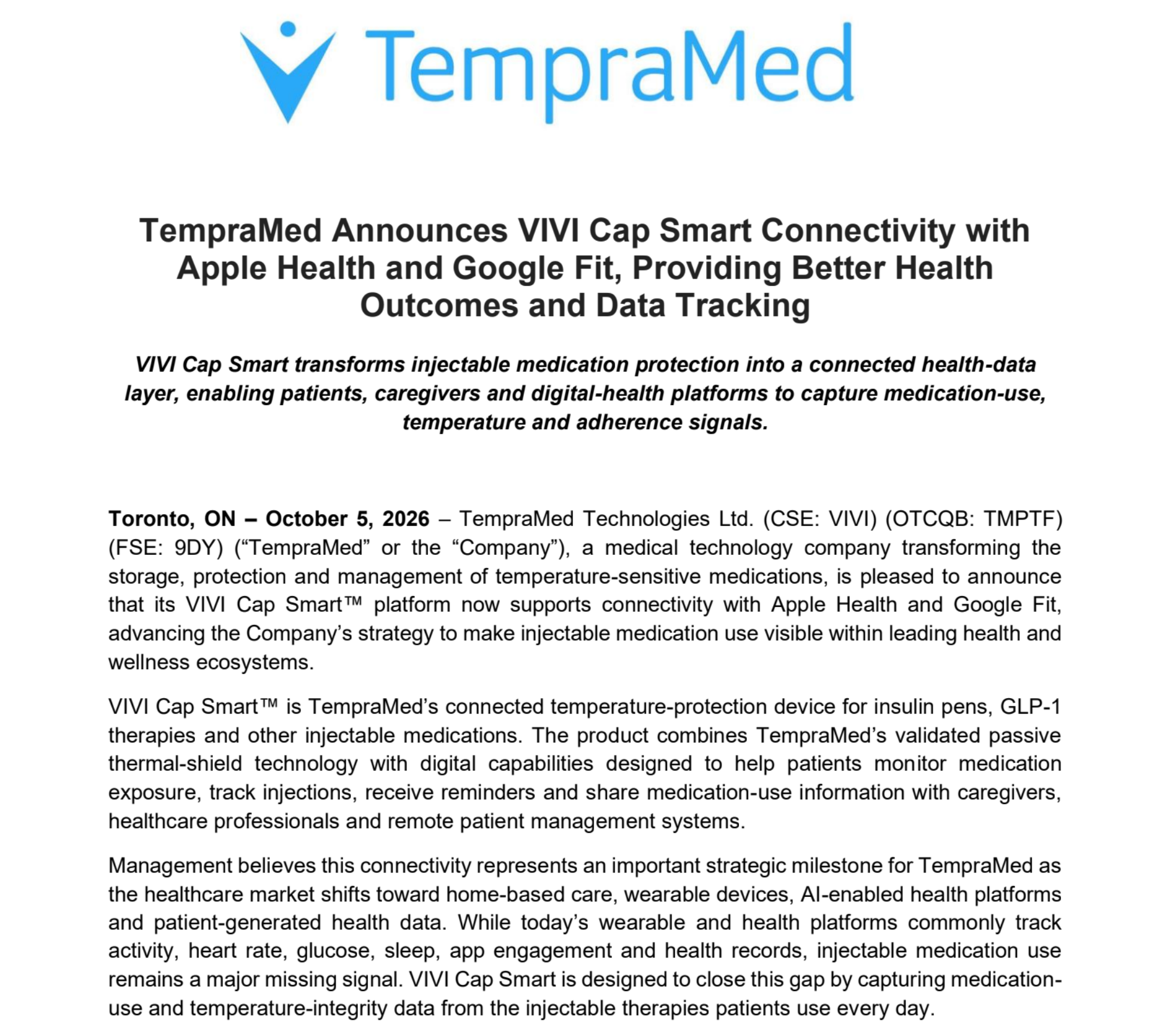 TempraMed Announces VIVI Cap Smart Connectivity with Apple Health and Google Fit, Providing Better Health Outcomes and Data Tracking