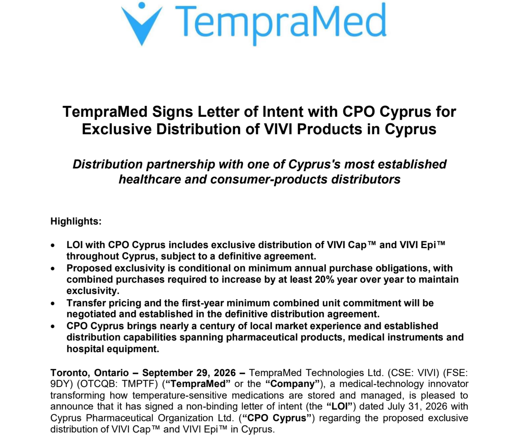 TempraMed Signs Letter of Intent with CPO Cyprus for Exclusive Distribution of VIVI Products in Cyprus